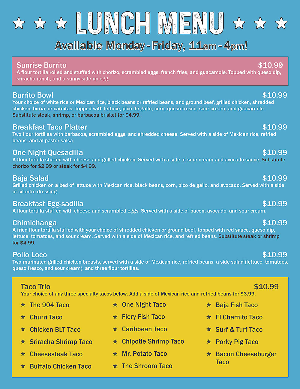 One Night Jax Lunch Menu