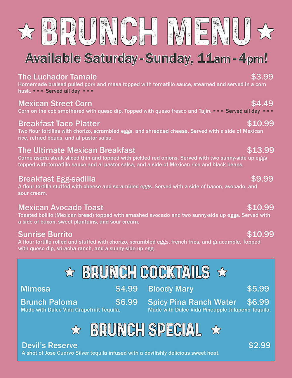 One Night Jax Bunch Menu