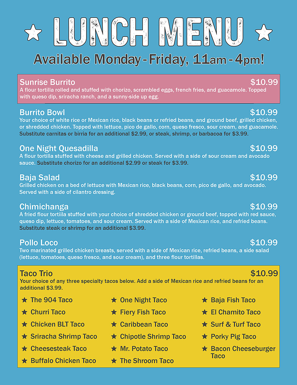 One Night Jax Lunch Menu